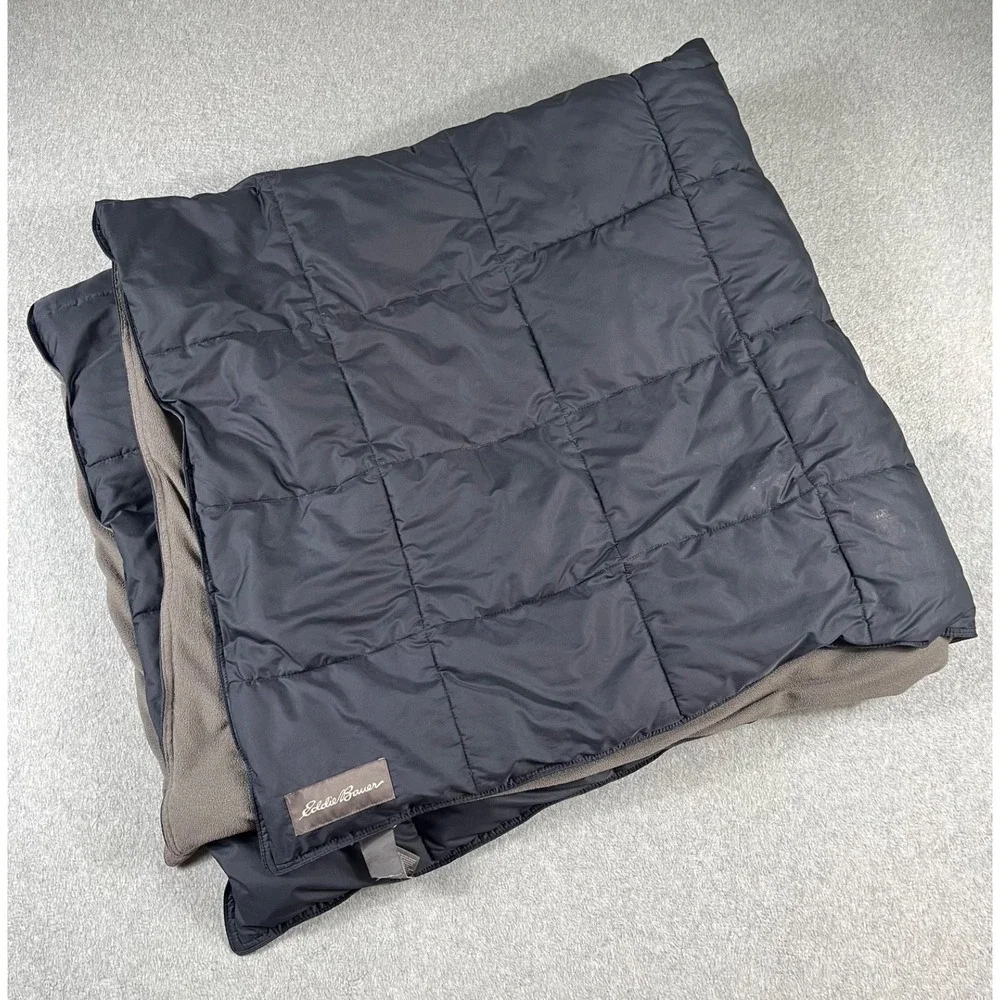 Eddie Bauer Fleece Lined Puffer Blanket Outdoor Camping Throw Black Taupe 50x60